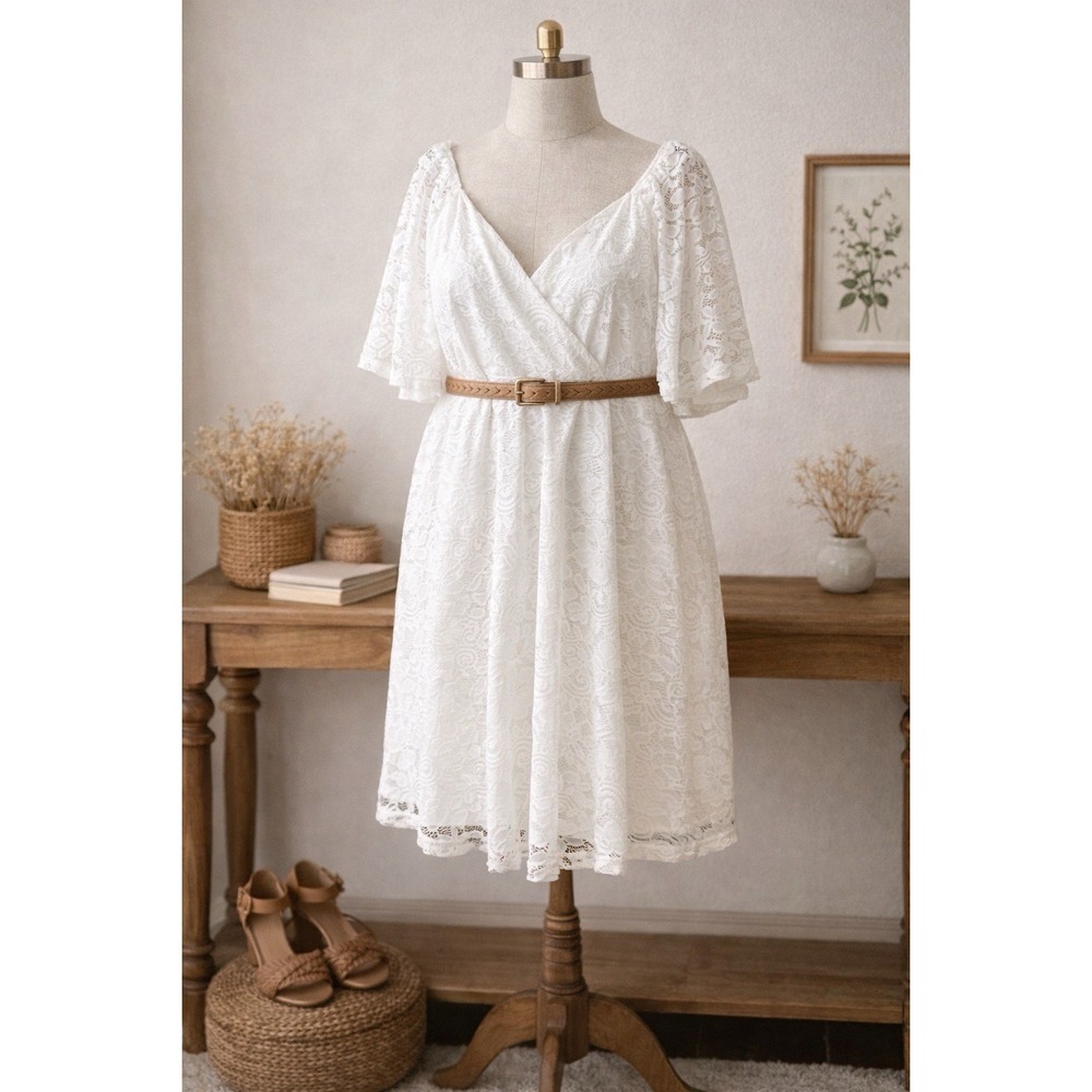 SHEIN Curve Women's White Lace Dress 4XL Flutter Sleeve Zip Back